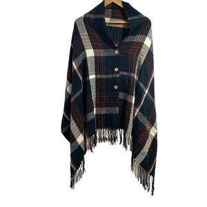 Plaid poncho like new button & fringe detail one‎ size fits most